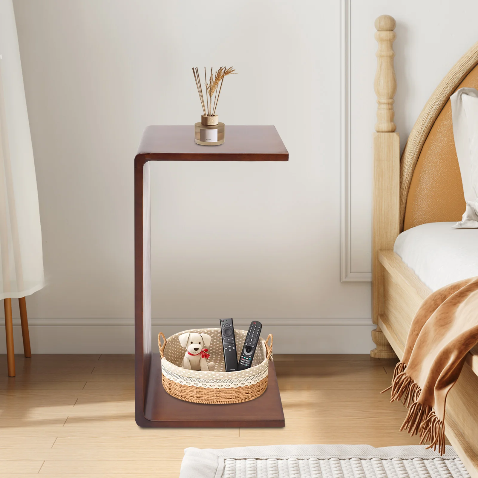 Walnussfarbener C-förmiger Beistelltisch aus massivem Holz, multifunktionaler C-förmiger Sofa-Beistelltisch für Wohnzimmer, Sofa, Schlafzimmer Image