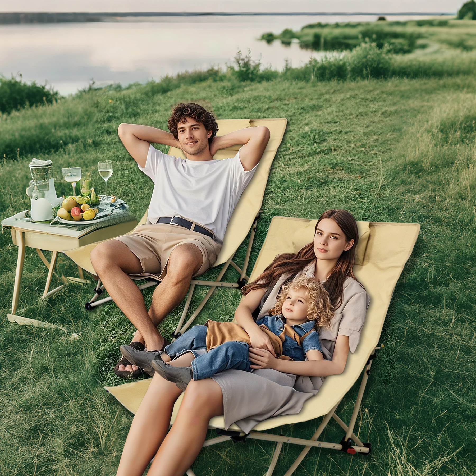 WESTTUNE Klappbarer Campingstuhl, tragbarer Liegestuhl, 4-Gang-Einstellung, Lounge-Stuhl mit Kopfstütze, Freizeit, Angeln, Strandkorb Image