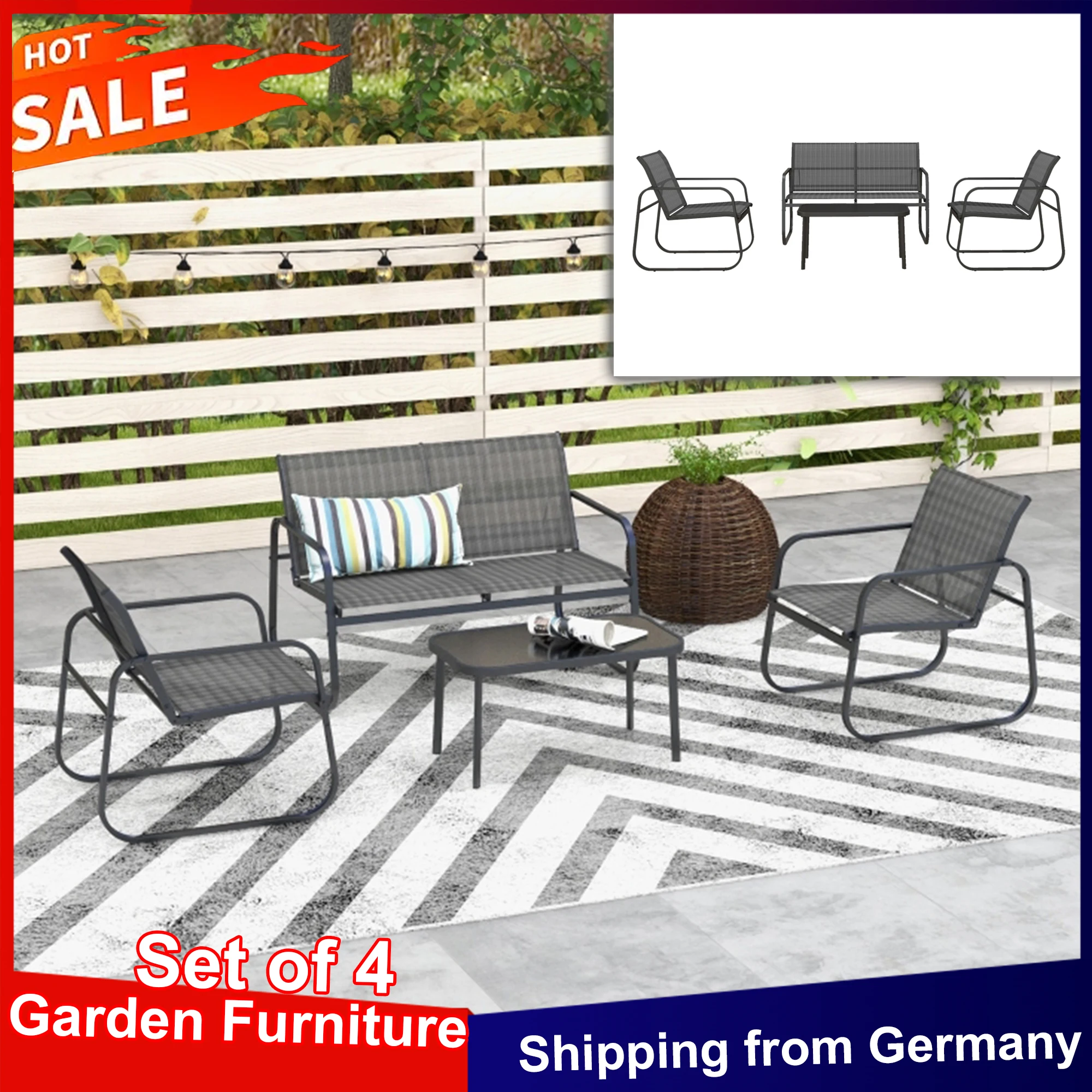 Anajqaqia Gartenmöbel-Set, 4er-Set, mit 1 Zweisitzer-Sofa, 2 Stühlen, 1 Couchtisch, Balkonmöbel-Set für Terrasse, Outdoor, Schwarz Image