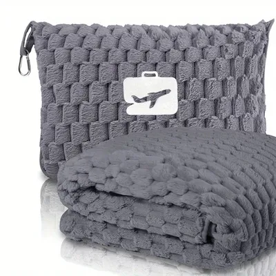 Ultra-Soft 2-in-1 Flannel Travel Blanket with Pillow - Portable Luggage Cover & Backpack Clip, Foldable Multi-Use for Airplane