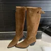Winter Gürtel Schnalle Spitz Frauen Kniehohe Stiefel Mode Vintage Platz Low Heels Damen Schuhe