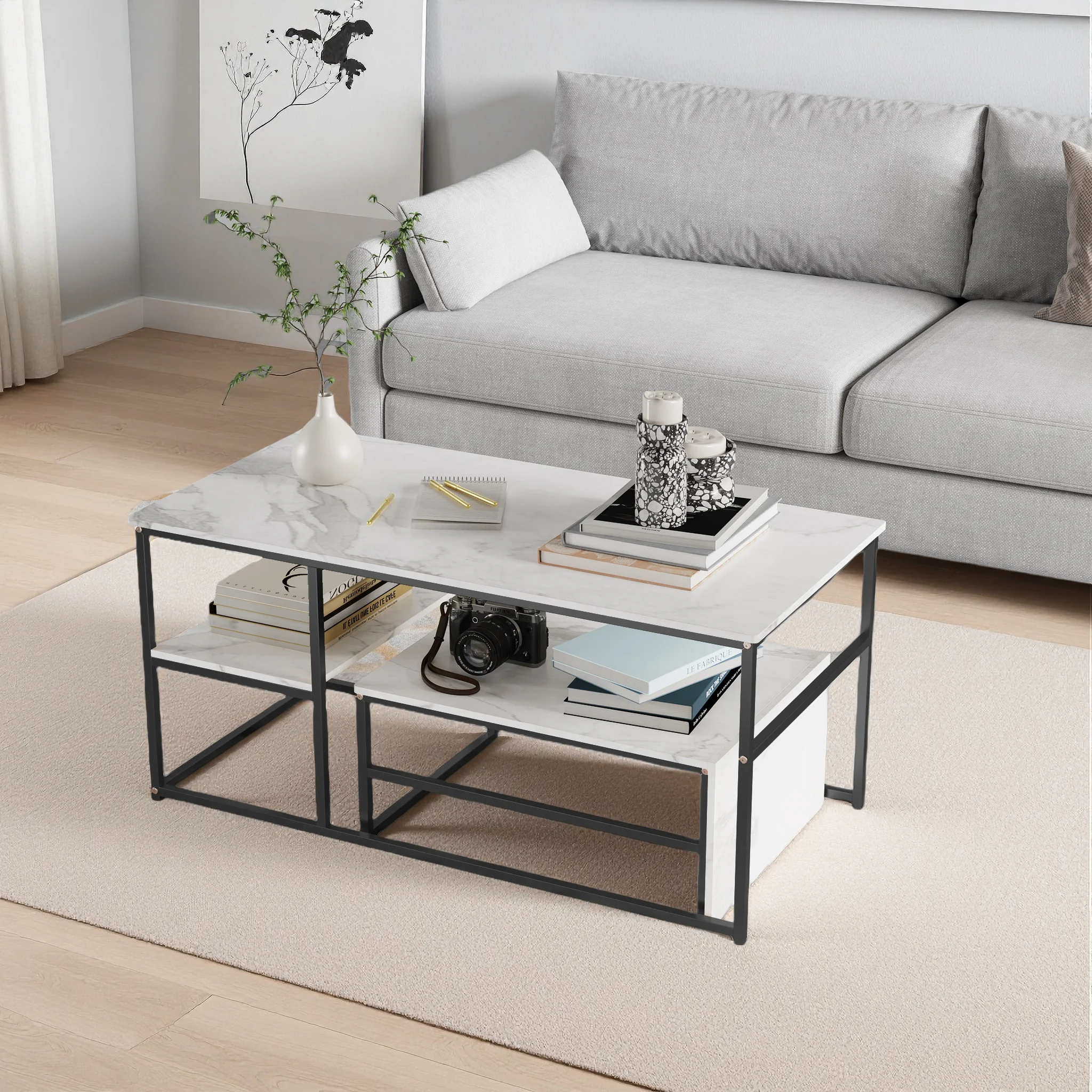 Couchtisch,Wohnzimmertisch,Couchtisch mit Stahlrahmen und Regalen,Sofatisch aus Holz,Beistelltisch,Weiß,Schwarz Image