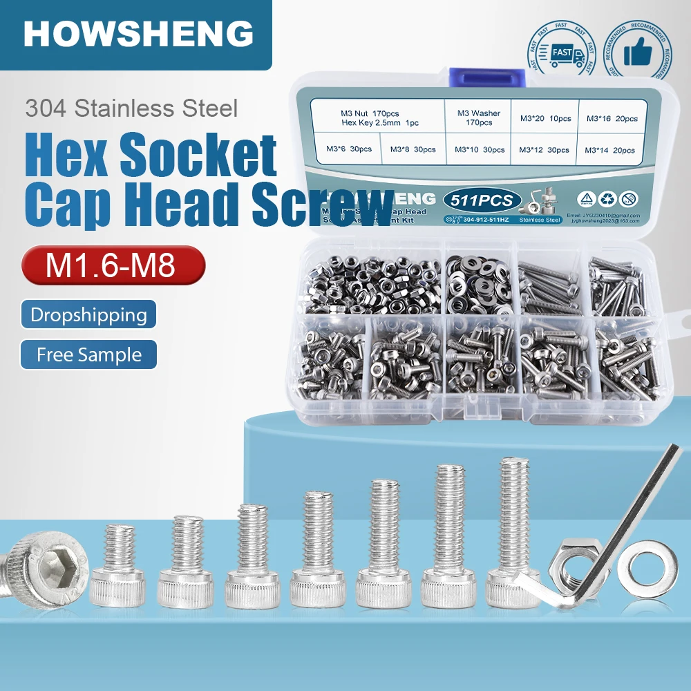 M1,6 M2 M2,5 M3 M4 M5 M6 M8 Innensechskantschrauben-Muttern-Set, Innensechskantschraube und Mutter aus Edelstahl 304 mit Unterlegscheiben-Set Image