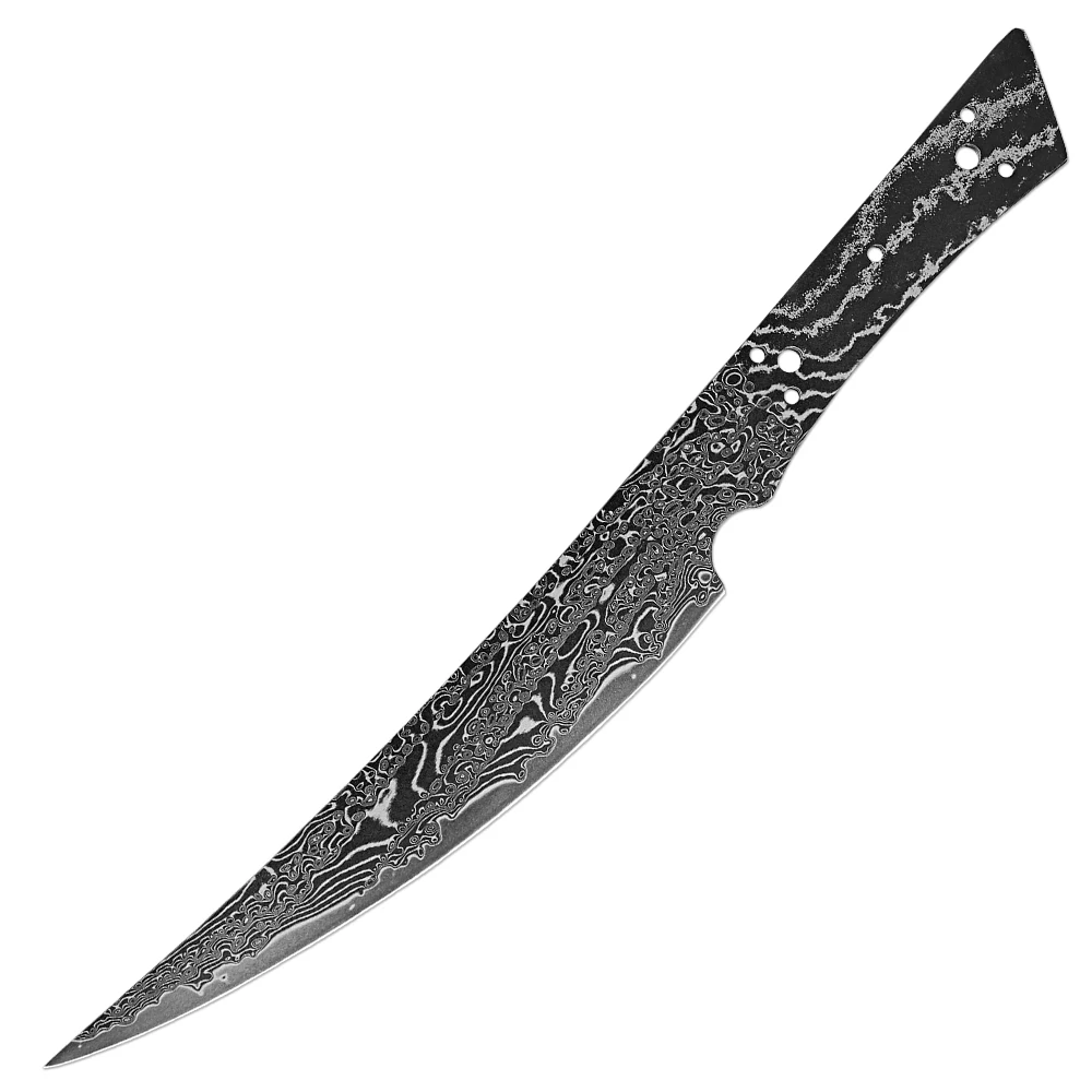 Allzweckmesser, Damaststahl, blanko, gebogene Kante, blanko, mit Tang-Wärmebehandelt, handgeschmiedet, scharf, fertiges Messerherstellungsmaterial Image