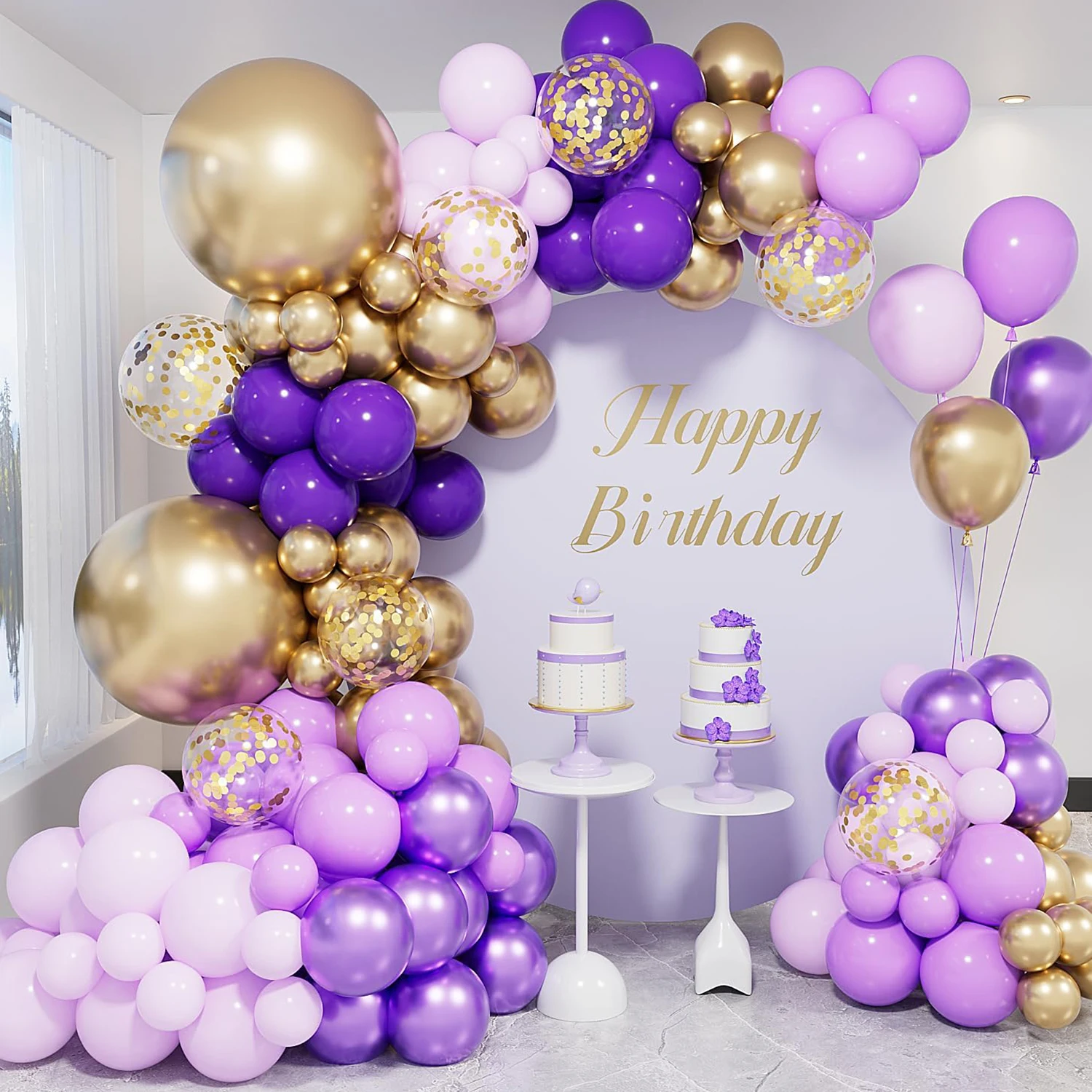 132-teiliges Latex-Ballon-Set in Lila und Gold, geeignet für Geburtstagsfeiern, Hochzeiten, Valentinstag-Party-Dekoration Image