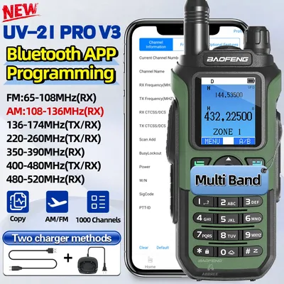Baofeng UV-21 PRO V3 Air Band Walkie Talkie Long Range Bluetooth Programming 1000CH AM FM NOAA VOX Type-C Charger Two Way Radio