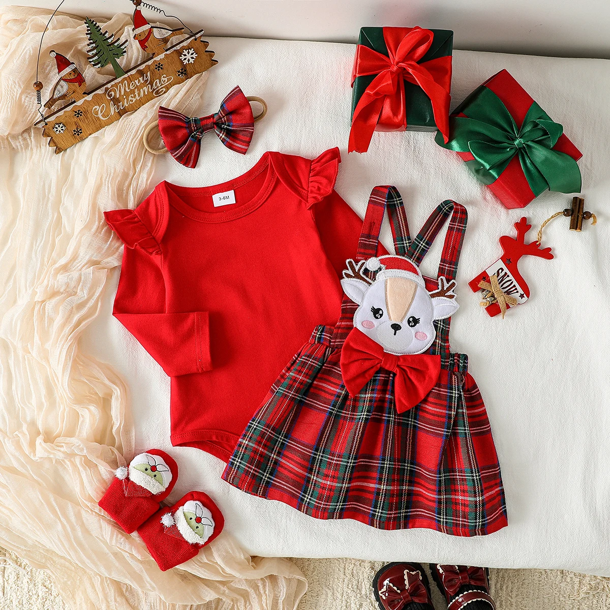 3Pcs Herbst Weihnachten Neugeborenen Baby Mädchen Kleidung Sets Stricken Rot Strampler Deer Plaid Röcke Outfits Kostüm 0-1Y + stirnband Image