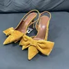 Gelbe Samt spitze Zehen Schleife Mule High Heels Mode Damen Schuhe