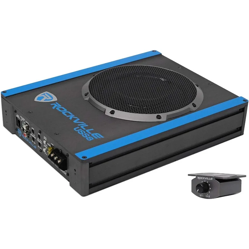 USS8 8" 600W Slim Under-Seat Active Car/Truck Subwoofer, 150W RMS, Built-in Amp, 3 Ohm, CEA-2006 Compliant, Bass Knob