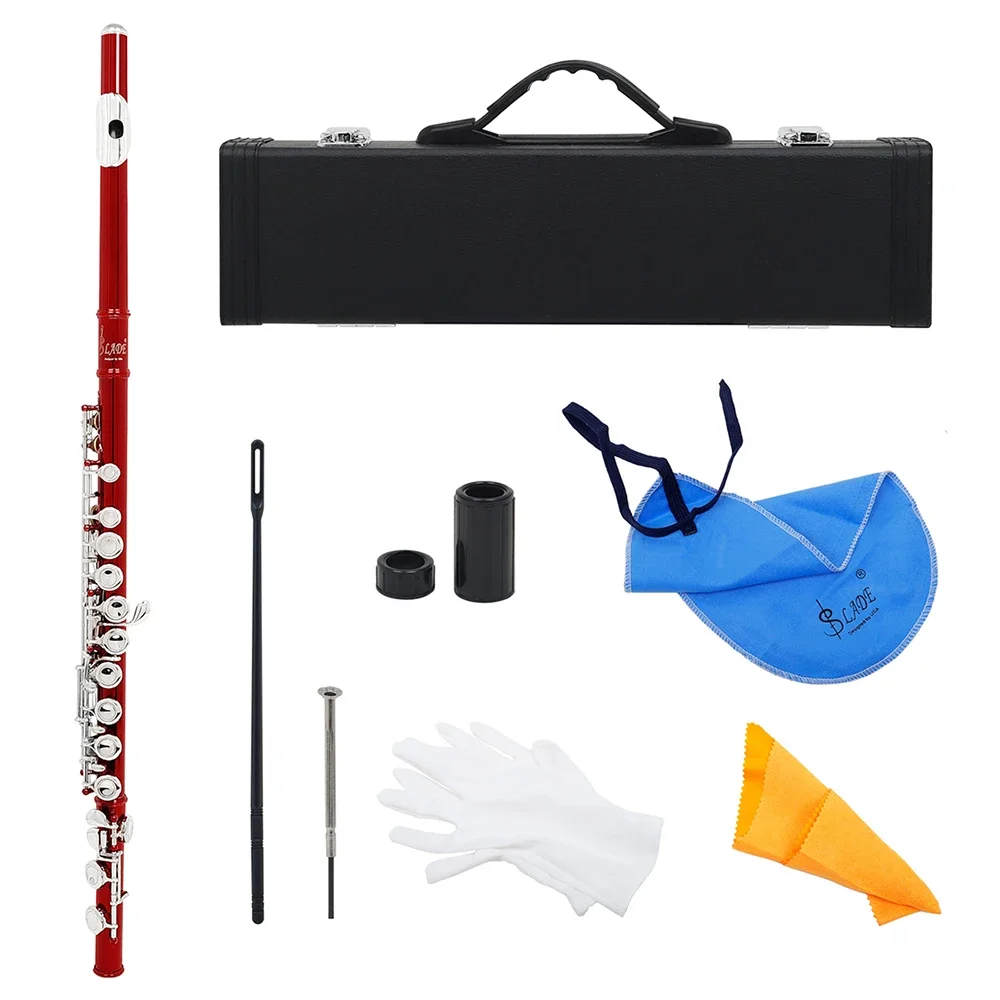 SLADE Red 16-Hole Flute With E Key Woodwind Instrument C Tone Nickel-plated Silver Key Concert Cupronickel Flute With Music Case