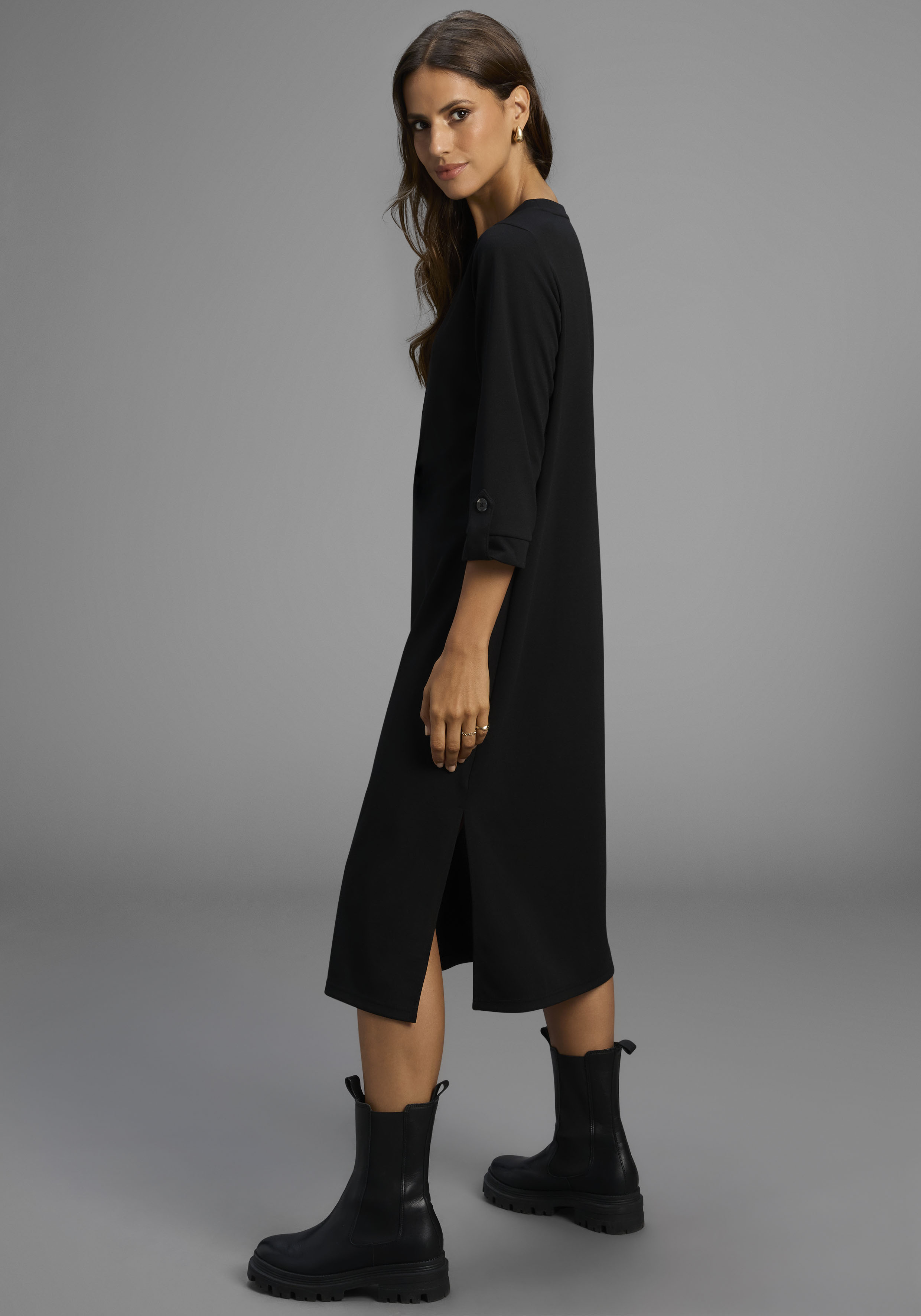 Midikleid LAURA SCOTT, Damen, Gr. 44, N-Gr, schwarz, Milano Rib, Obermaterial: 76% Polyester, 20% Viskose, 4% Elasthan, unifarben, Basic, figurumspielend wadenlang, Rundhals, Kleider, aus Milano-Ribstoff, das perfekte Basic - NEUE KOLLEKTION Image