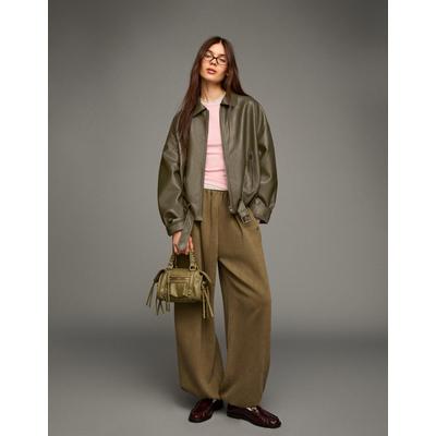 Bershka Faux Leather Bomber Jacket With Belt Women L Khaki