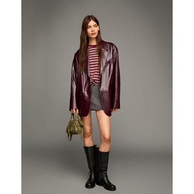 Bershka Oversize Faux Leather Blazer Women M Burgundy