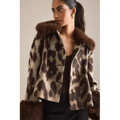 By Anthropologie Faux-Fur Trim Leopard Coat