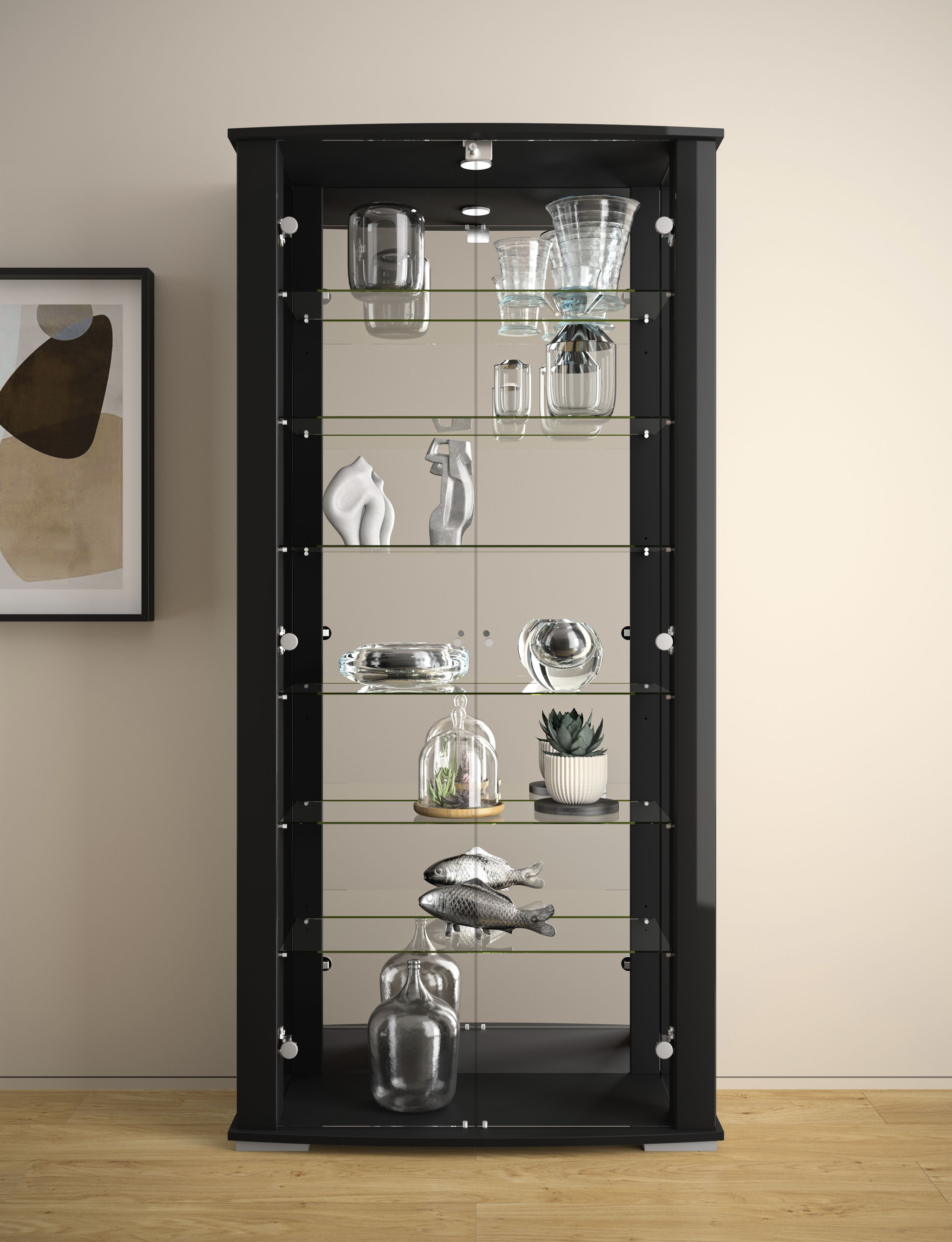 Vitrine FIF MÖBEL "STELLA", schwarz, B:86cm H:178cm T:38,2cm, Glas, Holzwerkstoff, Sicherheitsglas ESG, Schränke, Vitrine, Standvitrine/Glasvitrine 2x Glastür,perfekt für Sammler,Sammlervitrine