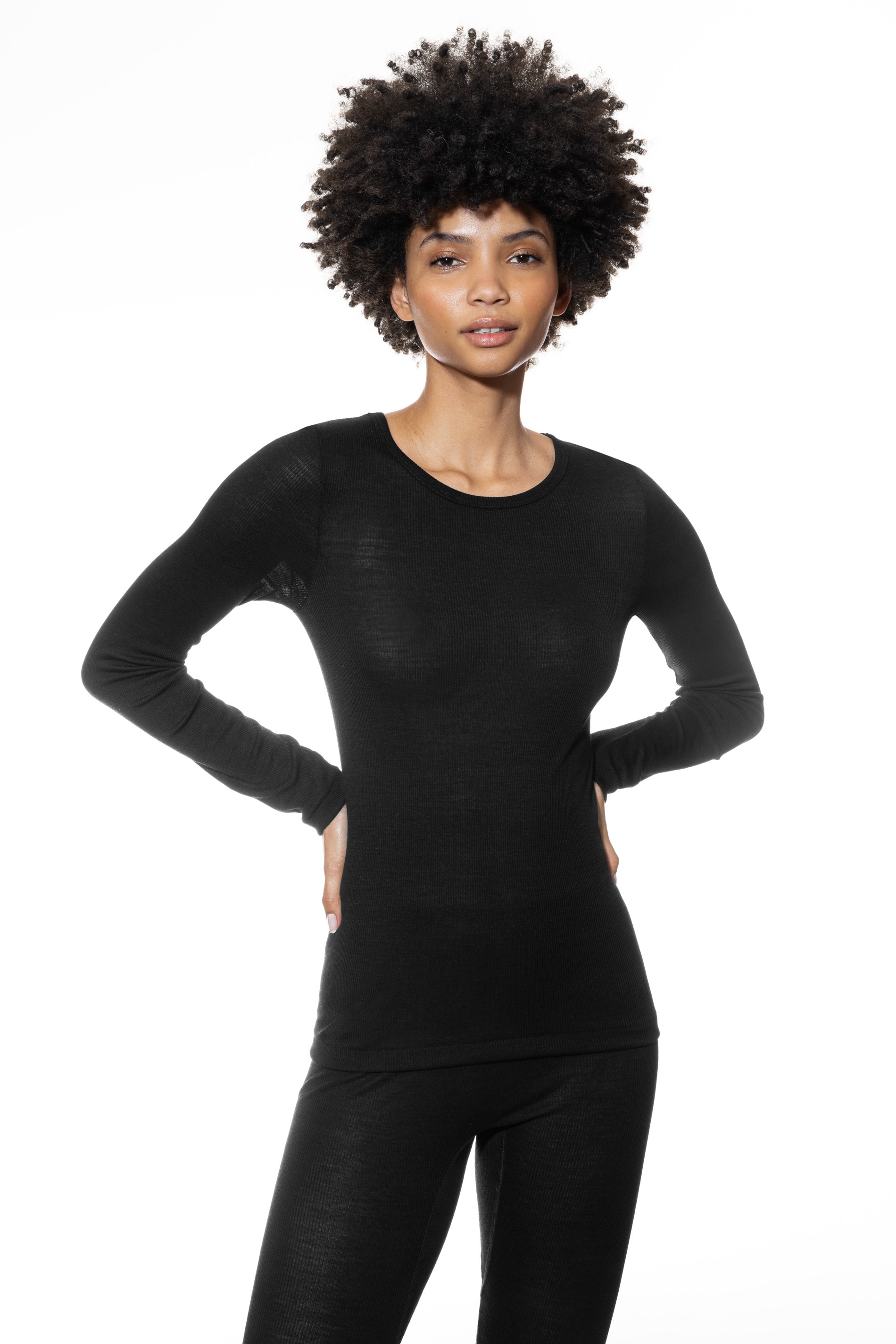 Langarmshirt MEY "Wool Love", Damen, Gr. L/XL, schwarz, Feinstrick, Obermaterial: 70% Schurwolle, 30% Seide, unifarben, figurbetont hüftbedeckend, Rundhals, gerader Abschluss, Shirts Langarmshirt, schmale Passform, Langarm, Rundhals-Ausschnitt,...