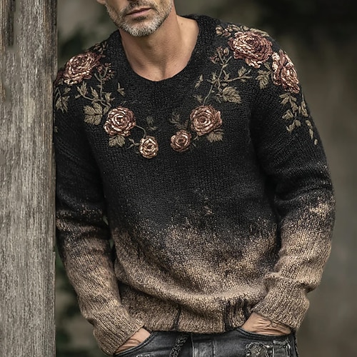 Homme Pull Pull Tricoté Côtelé Tricoter Hauts Réguliers Tricoté Imprimé Imprimé Floral Col ras du cou ancien Rustique Vacances Tenue quotidienne Vêtement Tenue Automne Hiver Marron S M L