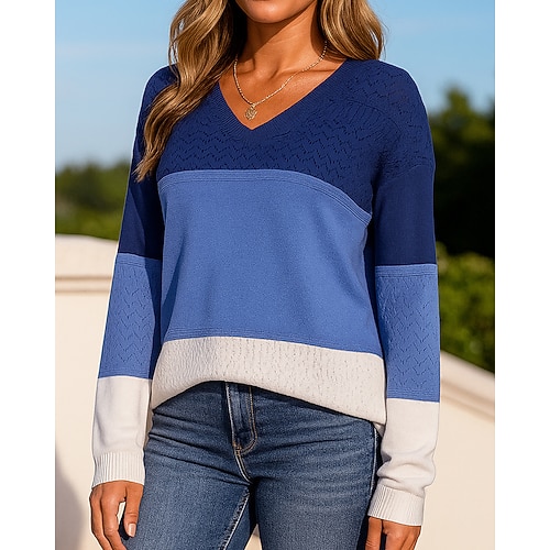 Damen Strickhemd Pullover Hohl Langarm Oberteil Athleisure Herbst V Ausschnitt Farbblock Mode Outdoor Reise Sport Sportbekleidung Sportkleidung Weinrot Schwarz Weiß Image