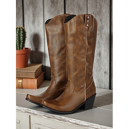 braune kniehohe Cowboystiefel für Damen – klassische Westernreitstiefel mit niedrigem Absatz für Country-Style und Festivals Image