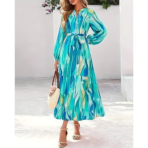Damen Midikleid Freizeitkleid Druckkleid Elegant Mode Modern Täglich Outdoor Strand Normale Passform Grafik Langarm V Ausschnitt Blau Frühling Herbst Image