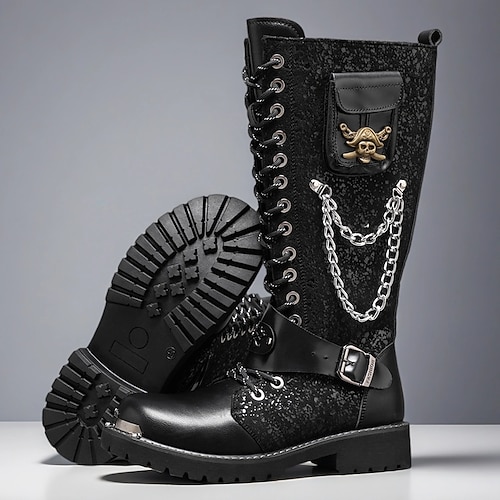 Schwarze Punk-Gothic-Stiefel für Herren, hohe Schnürstiefel mit Totenkopf- und Metallkettendetails für Halloween-Partys, Horror-Cosplay und Themenfestivals Image