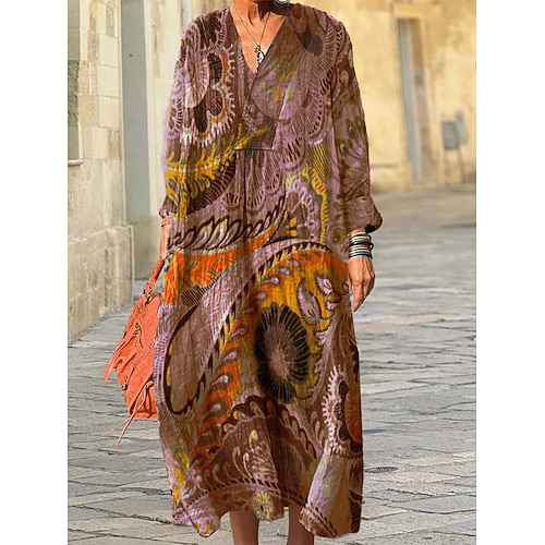 Damen Midikleid Sommerkleid A Linie Kleid Urlaub Lässig Boho Ausgehen Strand Lässiger Schnitt Grafik Geometrisch Langarm V Ausschnitt Rosa Blau Violett Braun Frühling Herbst Winter Image