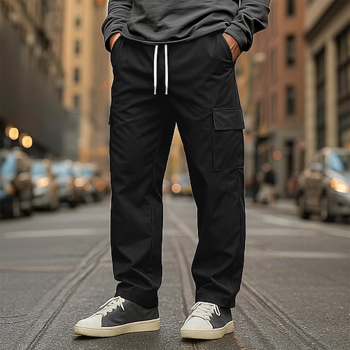 Herren Cargo-Hosen Shorts Kordelzug Tasche Mehrere Taschen Einfarbig Winddicht tragbar Volle Länge Outdoor Urlaub Täglich Urlaub Streetwear Schwarz Weiß Unelastisch Image