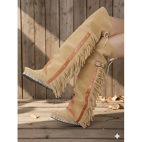 Damen Stiefel Cowboystiefel Wildlederschuhe Übergrössen Outdoor Täglich Einfarbig Stiefel über Knie Oberschenkelhohe Stiefel Quaste Keilabsatz Versteckte Ferse Runde Zehe Elegant Bohemien Vintage Image