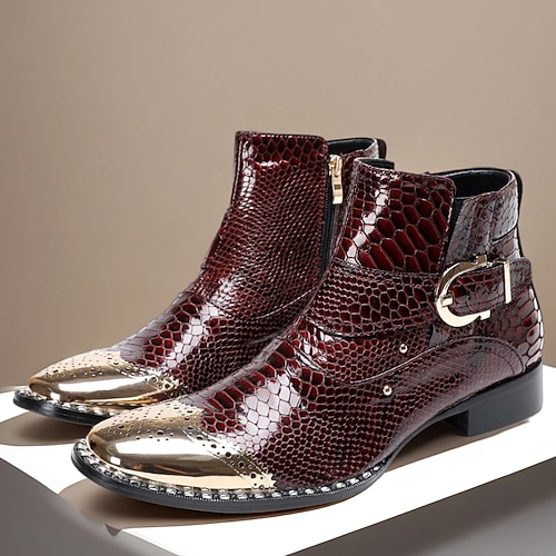 Burgunderrote Herrenstiefeletten aus echtem Leder mit Schlangenmuster und Metallkappe – Schuhe für Rock- und Bühnenauftritte Image