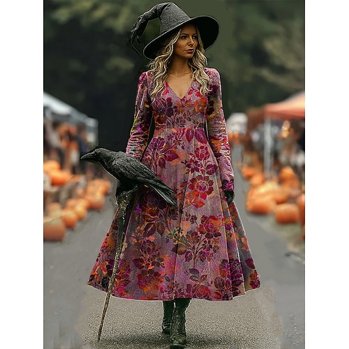 Frauen Hexen Druck Maxikleid A-Linie Kleid Urlaub Lässig Boho Strand Reguläre Passform Floral Grafik Lange Ärmel V-Ausschnitt Rot Blau Lila Orange Frühling Herbst Image