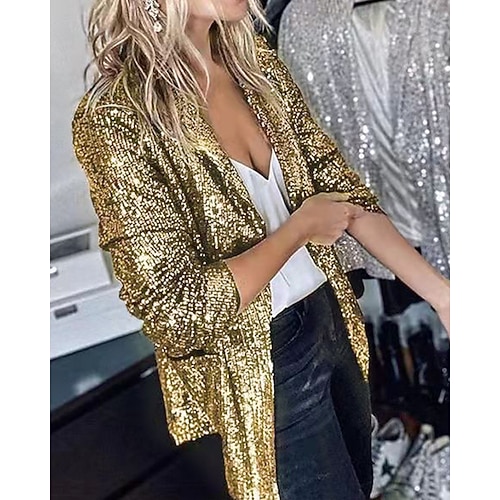 Damen Hemdjacke Blazer Bequem Atmungsaktiv Pailletten Mode Täglich Einfach Outdoor Lässig Täglich Regulär Revers Normale Passform Langarm Oberbekleidung Schwarz Weiß Wein Frühling Herbst Image