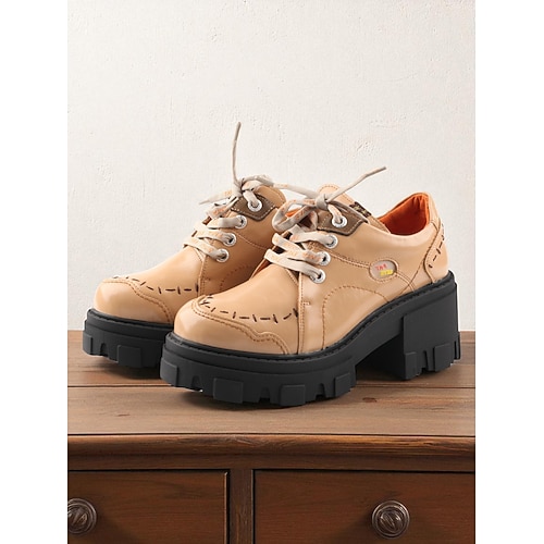 Grüne Damenschuhe aus echtem Leder mit dicker Sohle zum Schnüren, Freizeitschuhe im Retro-Oxford-Stil für Herbstmode und Spaziergänge im Freien Image