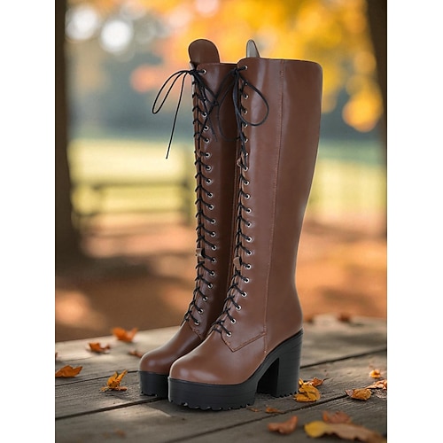 Schwarze kniehohe Plateaustiefel für Damen mit Schnürung – Gothic-Stiefel aus Kunstleder mit klobigem Absatz für Streetwear im Herbst und Winter, Alltagsoutfits und Halloweenmode Image