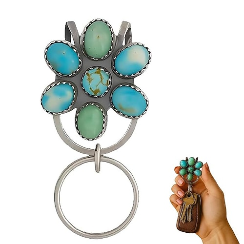 türkisfarbener Blüten-Taschenclip-Schlüsselhalter, Bohemien-Schlüsselanhänger mit Haken, Damen-Taschen-Accessoire für Schule, Schreibtisch, Reisen, Alltag, Büro, Auto Image