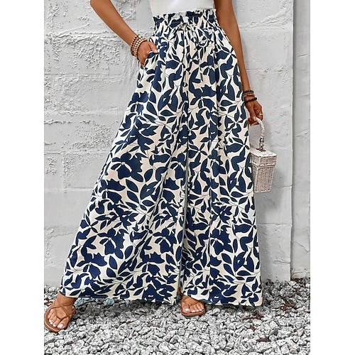 Damen Weites Bein Chinos Mode Streetwear Lässig Volle Länge Hohe Taille Blumen Elastischer Bund Drucken Bequem Weich Mikroelastisch Outdoor Straße Blau Schwarz Rosa Grün Sommer Frühling Herbst Image