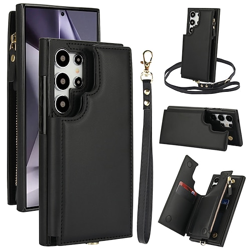 Handy Hülle Handyhüllen Für Samsung Galaxy S25 S24 S23 S22 Plus Ultra A16 A55 5G A14 A54 A53 A13 Rückseite mit Trageriemen Ständer Kartenfach Retro TPU PU-Leder Image