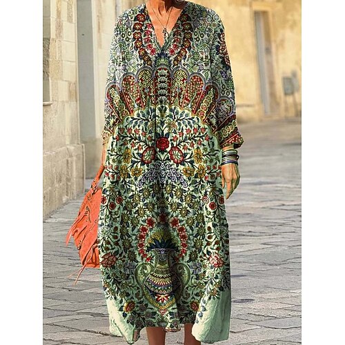 Damen Midikleid Sommerkleid A Linie Kleid Urlaub Lässig Boho Ausgehen Strand Lässiger Schnitt Grafik Geometrisch Langarm V Ausschnitt Rosa Blau Grün Aprikose Frühling Herbst Winter Image