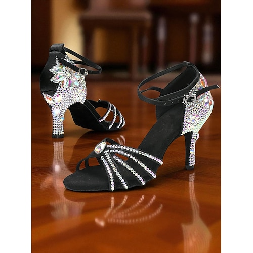 Schwarze Latein-Tanzschuhe für Damen mit Strasssteinen – glitzernde Ballsaal-Party-Heels mit Knöchelriemen für Salsa, Rumba und Abendveranstaltungen Image