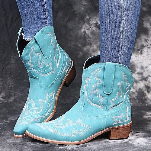 Damen Stiefel Cowboystiefel Outdoor Urlaub Täglich Stiefeletten Stickerei Flacher Absatz Runde Zehe Bohemien Urlaub Vintage Kunstleder Elastisches Band Schwarz Rosa Rot Image