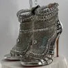 Kristall Glänzende Sandalen Mode Luxus Elegante Prägnante Stiefeletten Luxus Leder Einfarbig Zurück Zipper Frauen Schuhe Dünne Fersen