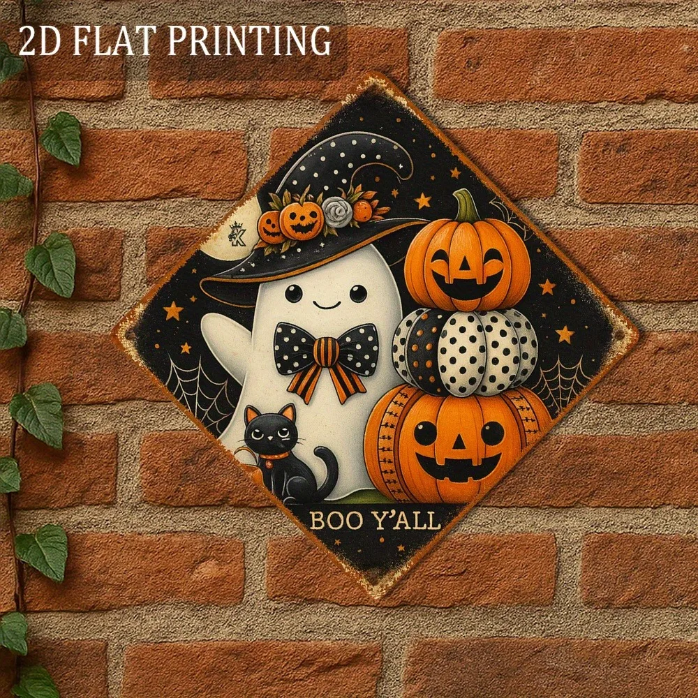 1 Stück 2D flaches Halloween-Kürbisschild, 20,3 cm großes Aluminiummetall – Vintage-Gartendekoration für den Außenbereich Image