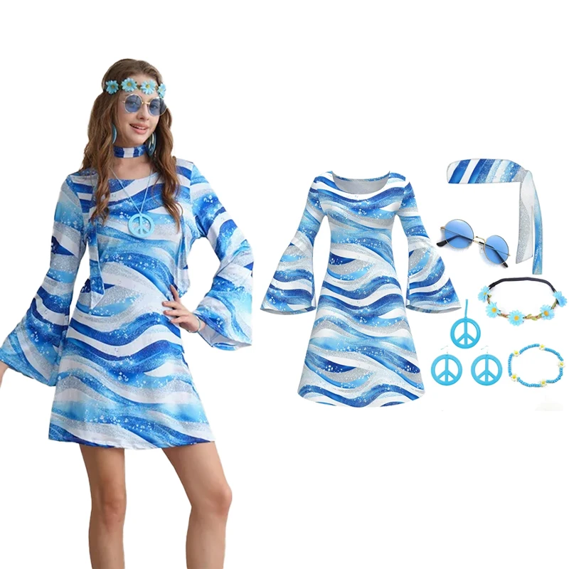 7-teiliges Disco-Kleid, Kostüm für Damen, blau, Retro-Schmuck, Halloween-Stil, Kleidung, Kleid, Hippie-Kleidung, Accessoires