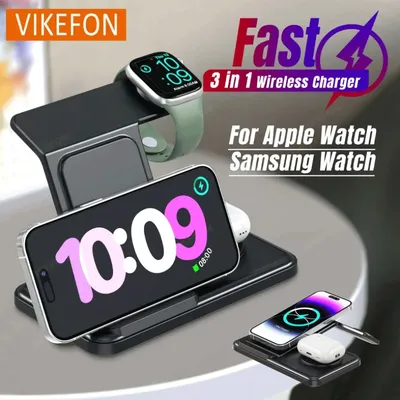3-in-1-Wireless-Ladegerät, Telefonuhr, Schnellladestation für iPhone 16, 15, 14, 13, 12, Apple Watch 10, 9, 8, 7, 6, 5, AirPods Pro 3/2