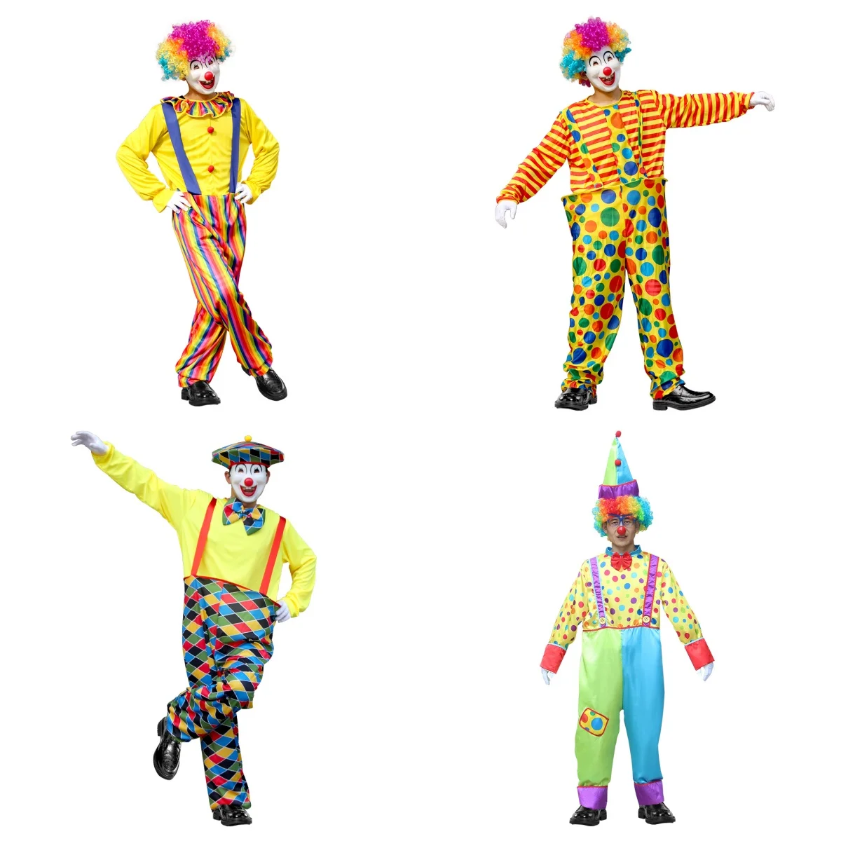 Clownkostüm für Erwachsene, Halloween-Zirkusshow-Kostümset, Clownkostüm mit Hosenträgern, einschließlich Perückenhandschuhen Image
