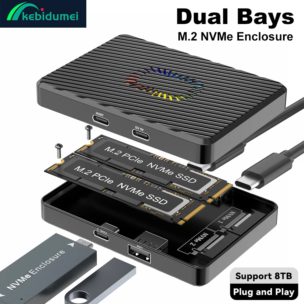 Dual Bay M.2 SSD-Gehäuse Dual Protocol M.2 NVMe SATA SSD-Gehäuse Solid State Drive Dockingstation USB3.2 GEN2 10 Gbit/s SSD-Adapter Image