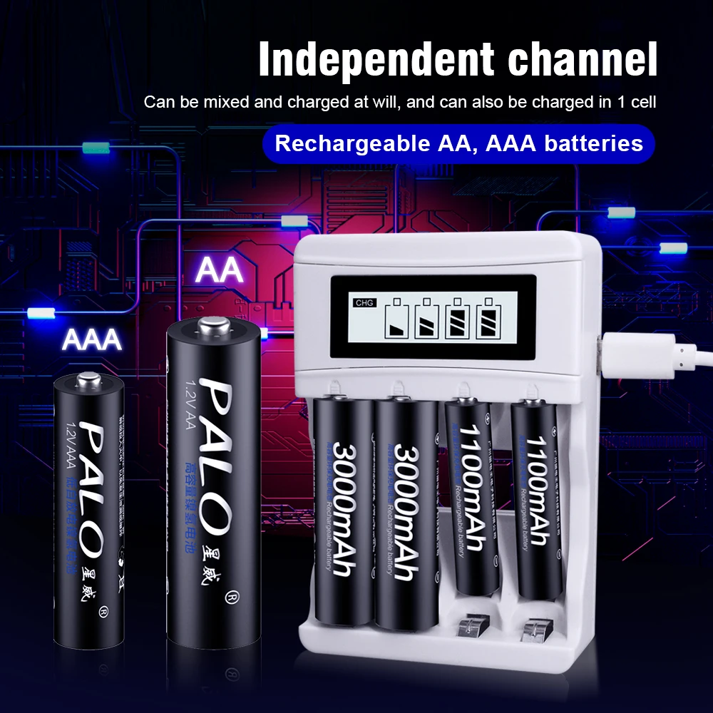 PALO AA und AAA Wiederaufladbare Batterien 3000mAh NI-MH AA Akku LR6 1100mAh AAA LR3+LCD USB USB-Ladegerät für 1,2V AA AAA Batterien Image