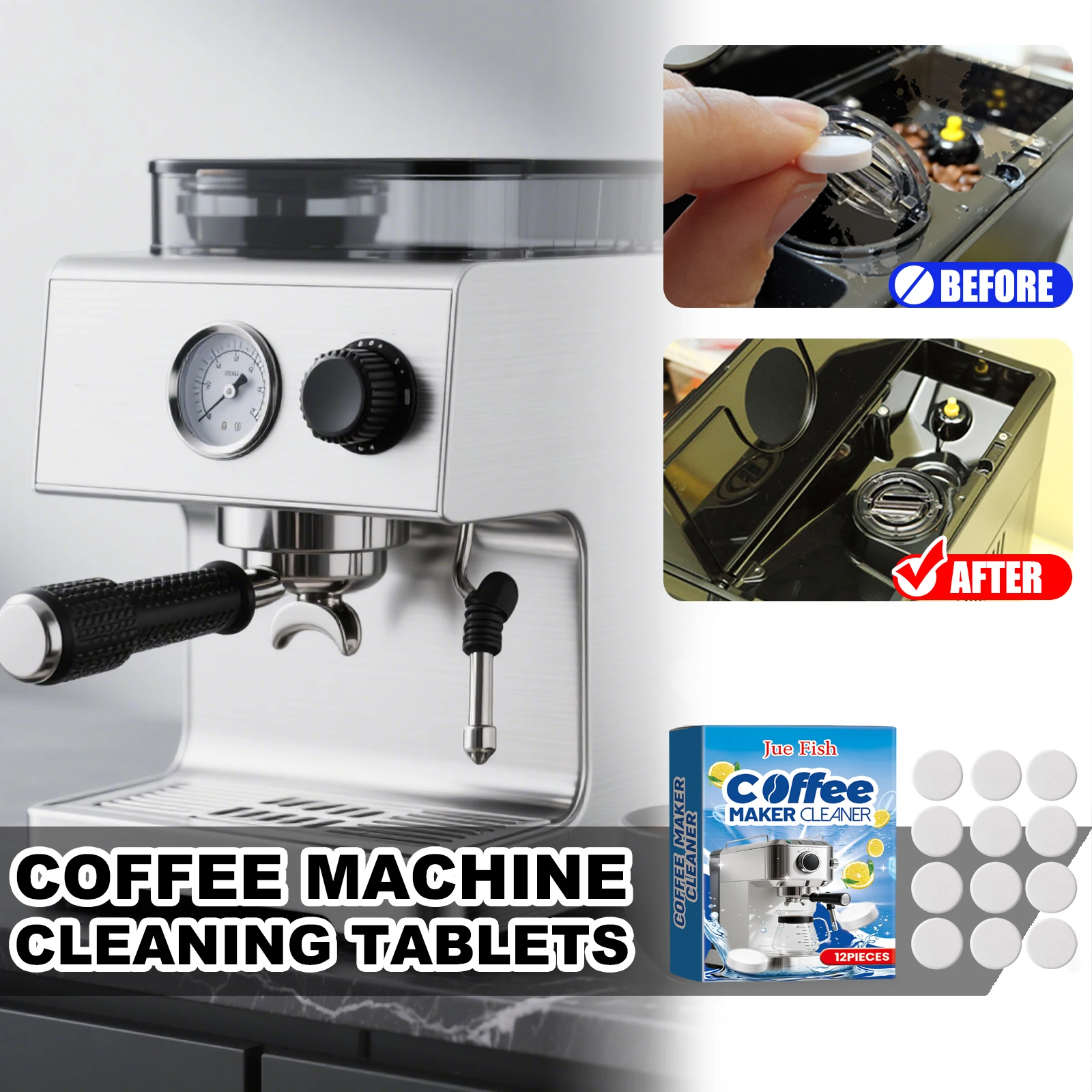 JUE FISH Espressomaschine Reinigungstabletten 12 Stück Kaffeemaschine Reiniger Entkalkung Ölrückstände Entferner Tiefenreinigung im Schmutz