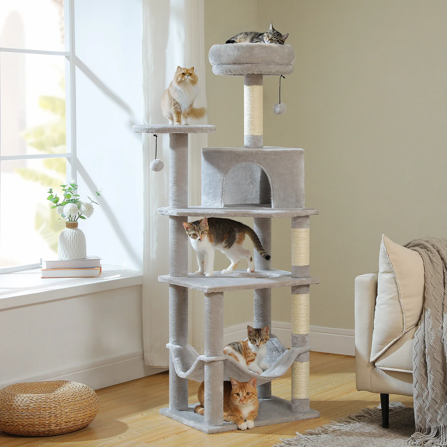 Mehrstufiger Kratzbaum für Katzen im Innenbereich, großer Katzenturm mit gemütlicher Eigentumswohnung, Hängematte, Sisal-Kratzbäume, Katzenkratzer, Bett, Katzenspielzeug Image