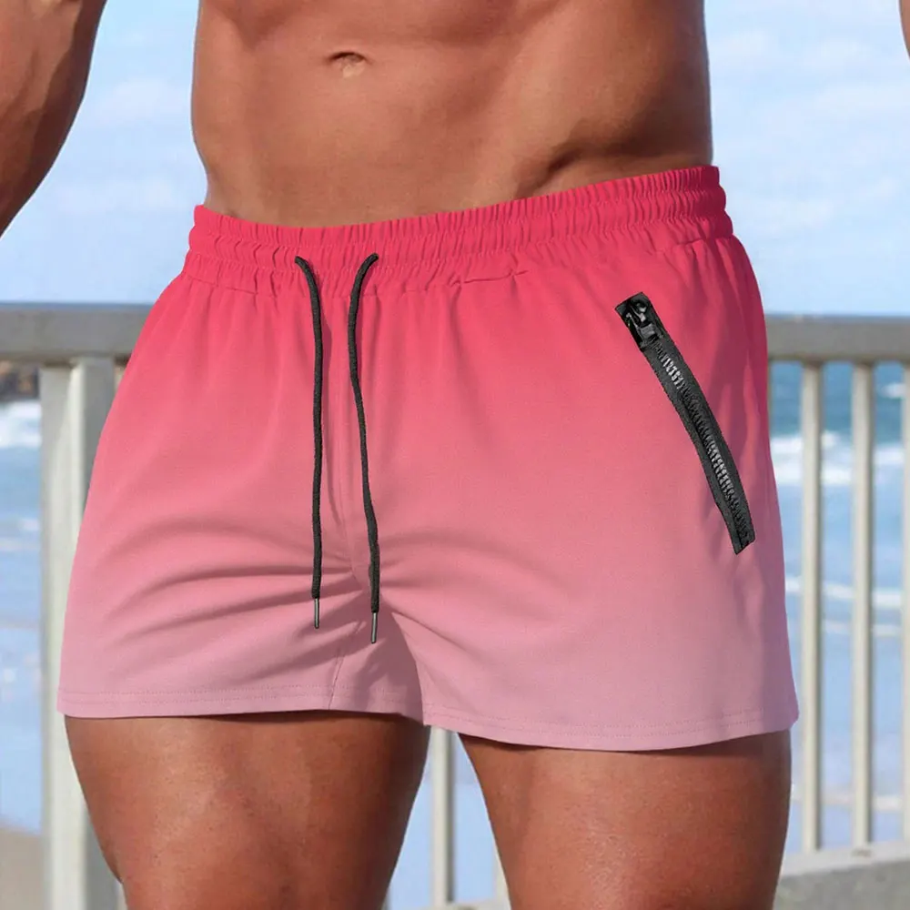 Herren 2-teilige einfarbige Badeshorts, Sommer, lässig, Strand-Boardshorts für Männer, schnell trocknend, Laufen, Fitness, Fitnessstudio, Shorts mit Reißverschlusstasche Image