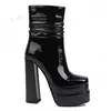 LAIGZEM Damen-Stiefeletten mit seitlichem Reißverschluss, Kunstleder, plissiert, dicke High Heels, Damenschuhe, handgefertigt, große Größe 33, 38, 39, 41